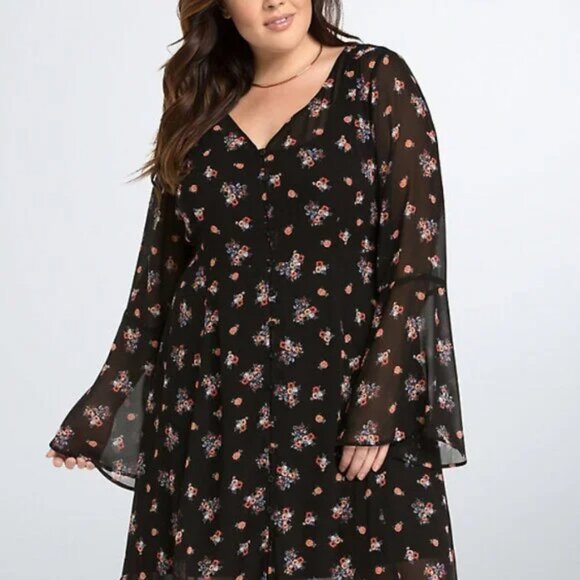 Torrid Plus Size Black Sheer Dress With Bell Sleeves - Picture 1 of 13